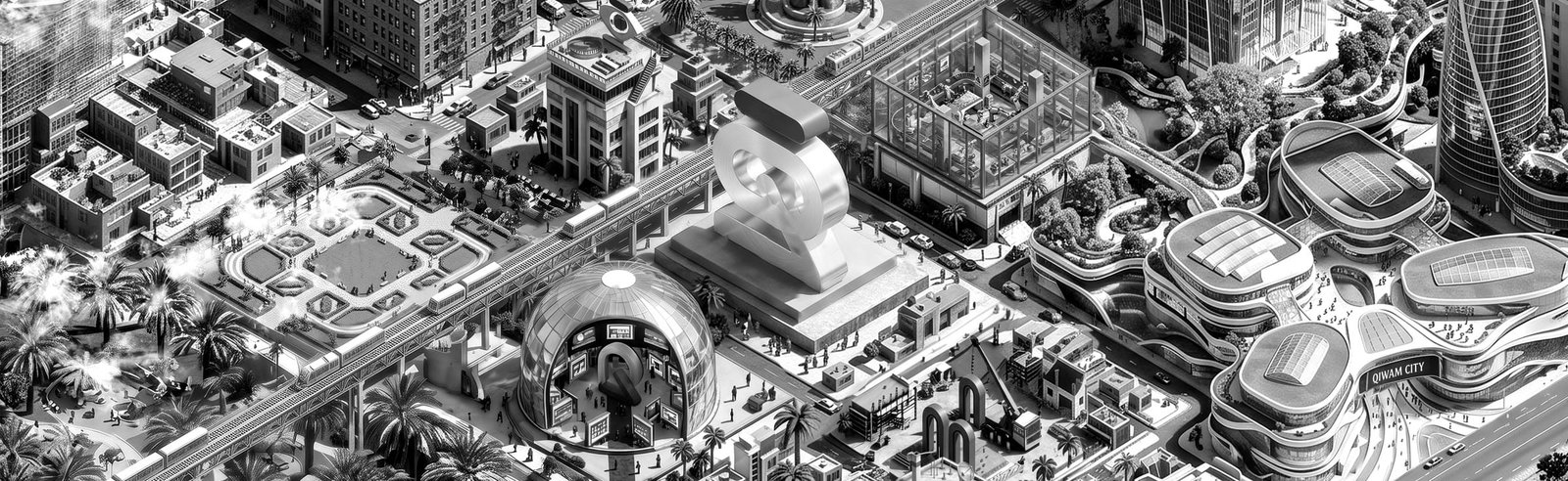 Qiwam's Solutions City, rendered in black and white